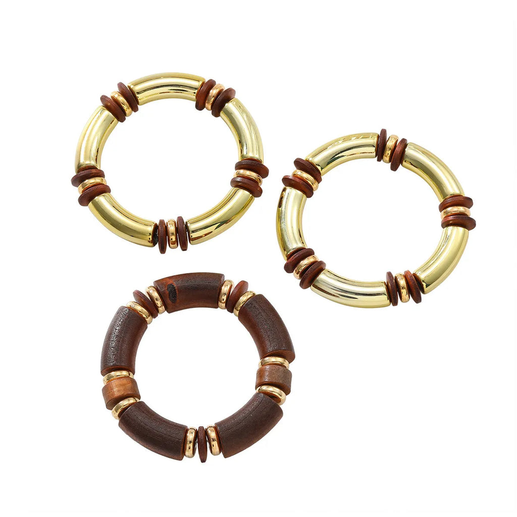 Women's multi-layer wooden necklace and bracelet set in exaggerated European style with alloy chain