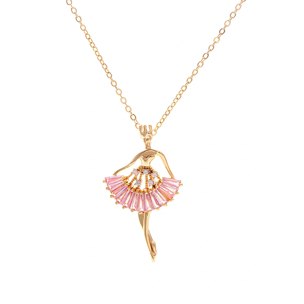 Gold titanium steel ballet girl necklace with rhinestone inlays on 40cm chain, adjustable to 45cm for women