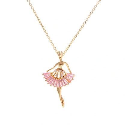 Gold titanium steel ballet girl necklace with rhinestone inlays on 40cm chain, adjustable to 45cm for women