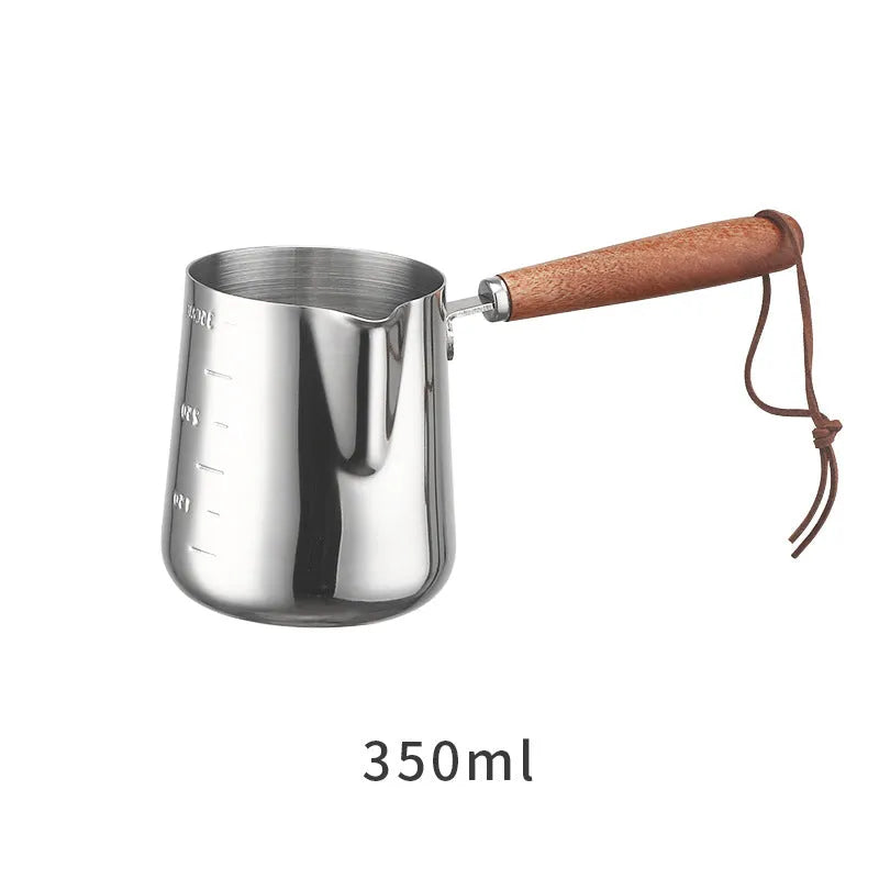 Stainless steel latte art milk jug with wooden handle in 350ml, 600ml, or 1000ml capacity options