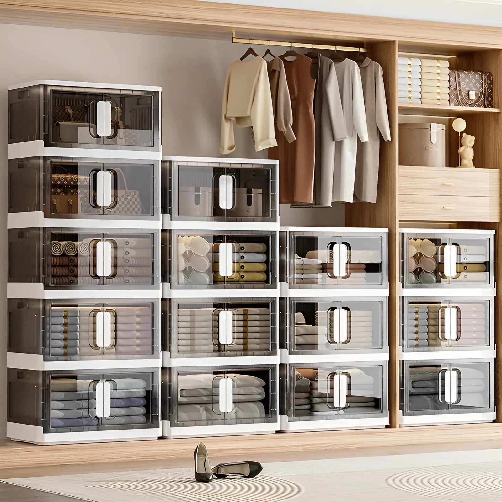 Foldable wheeled storage locker with adjustable layers in grey or white household organiser