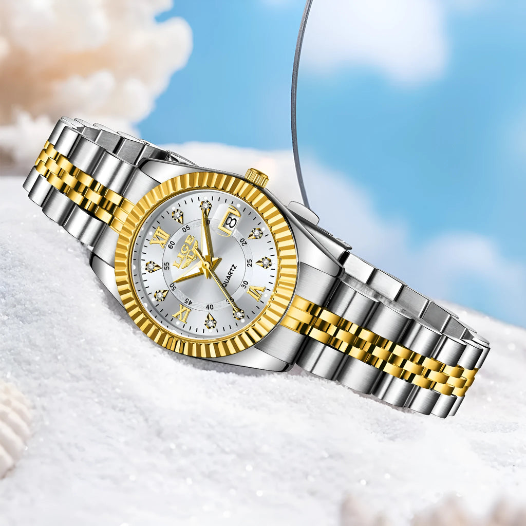 Waterproof women's fashion quartz watch with metallic case in various gold and silver colour options