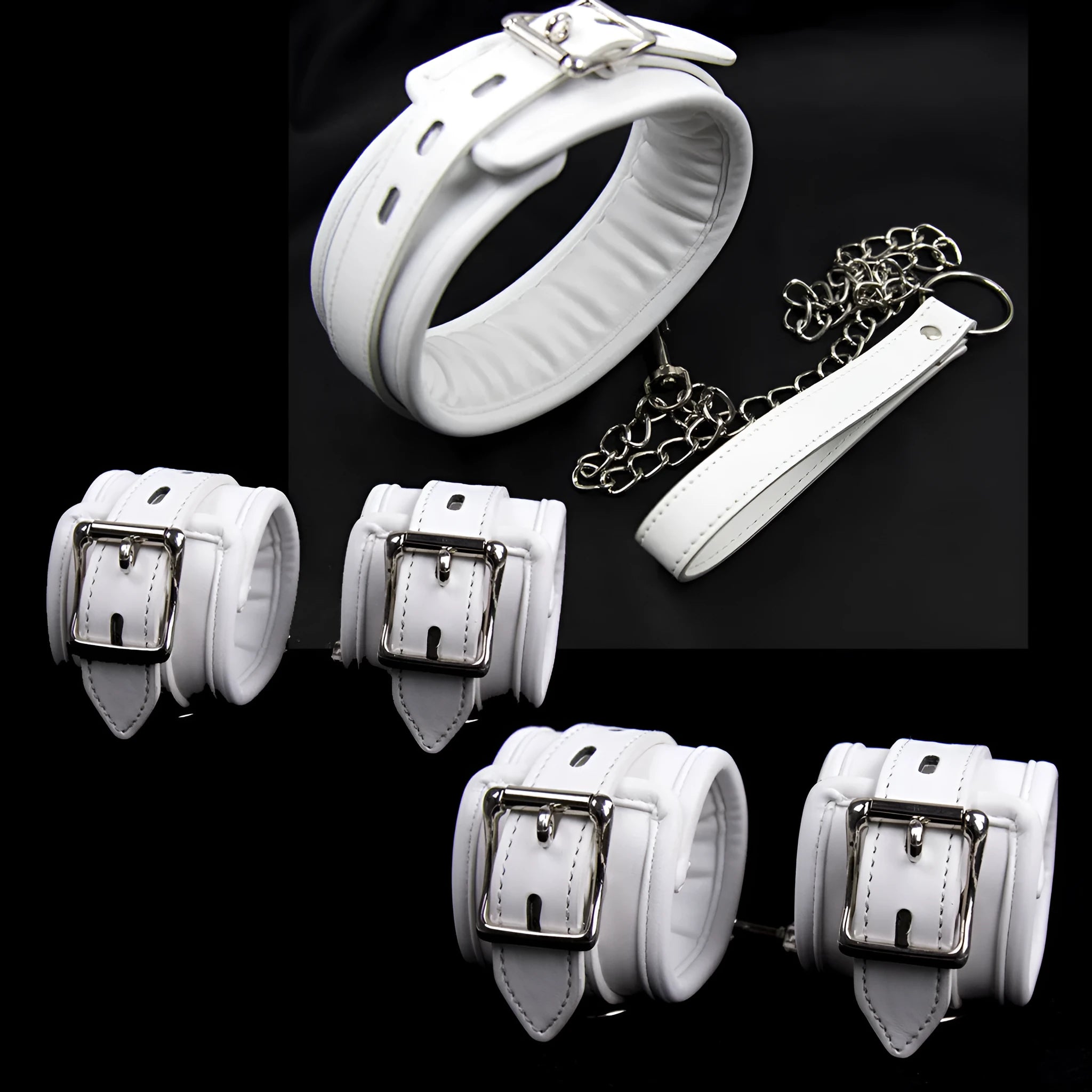 White PU sponge adult bondage set showing handcuffs, footcuffs, and a neck scarf.