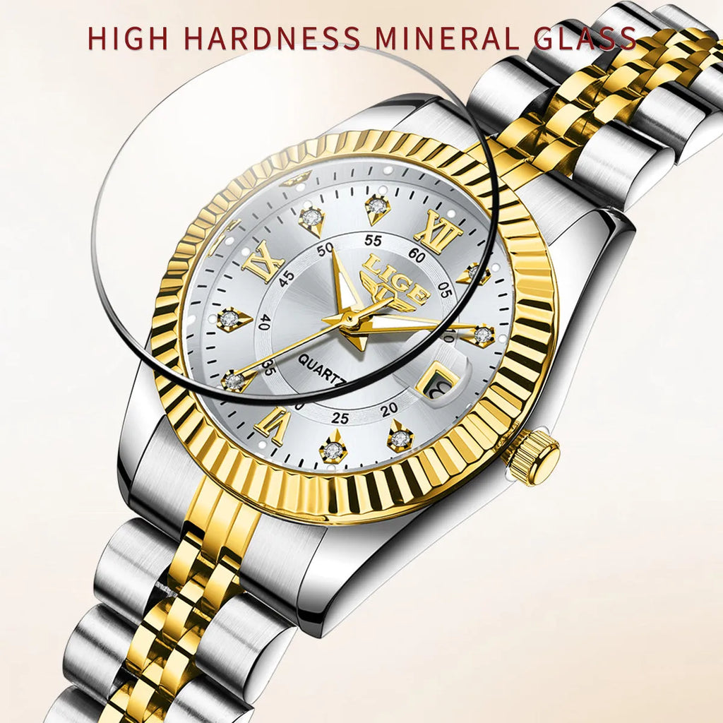 Waterproof women's fashion quartz watch with metallic case in various gold and silver colour options