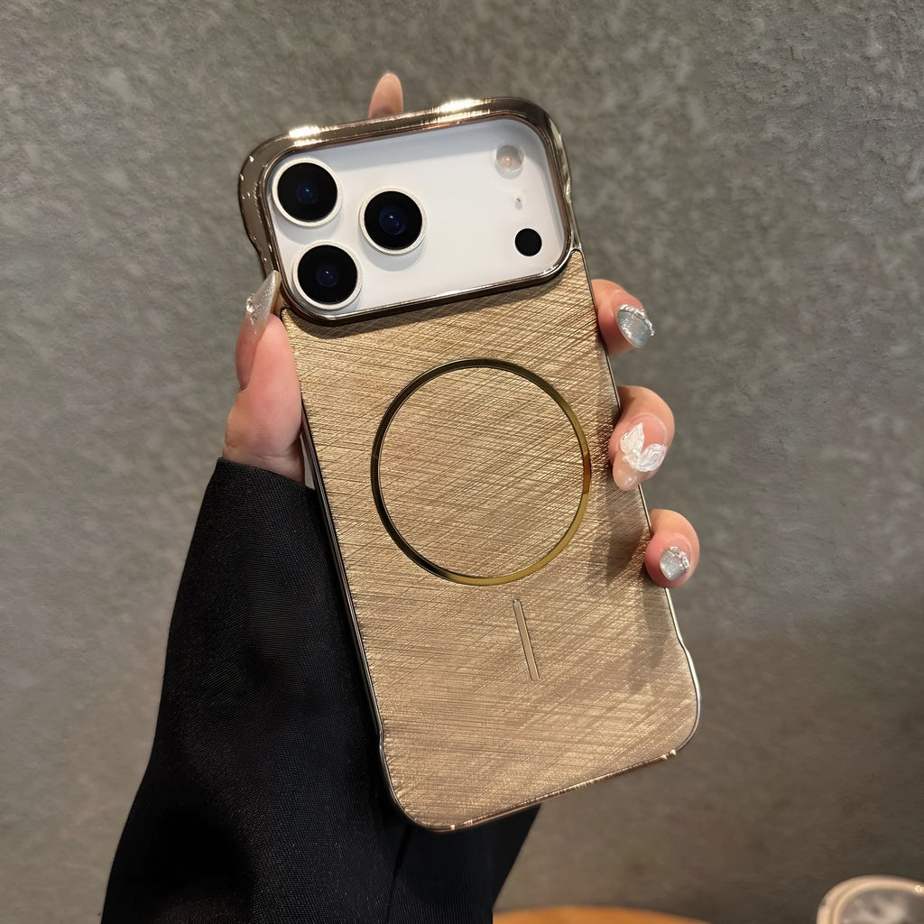 Magnetic electroplated metal PC phone case for iPhone 17 series in black, white, gold, sky blue, and silver grey.