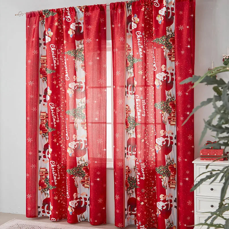 Rectangular printed polyester curtain with festive design hanging in a window
