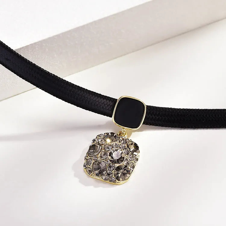 Alloy black square short necklace with rhimestone accents on a model, Gray Diamond Square style, adjustable 21-50cm
