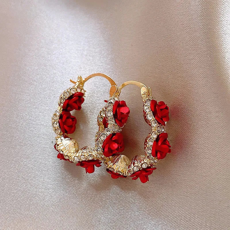 Alloy rose flower ear clip earrings in F155A red colour with clip-on fastening
