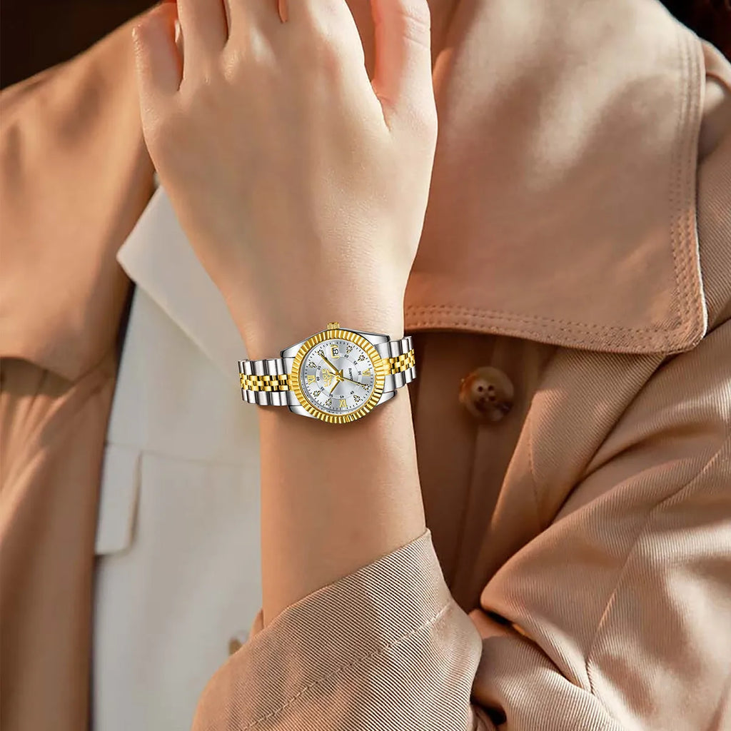 Waterproof women's fashion quartz watch with metallic case in various gold and silver colour options