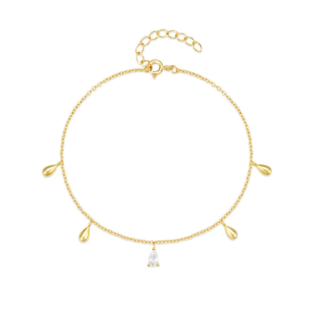 Water drop diamond geometric pendant on S925 sterling silver adjustable bracelet with gold colour finish