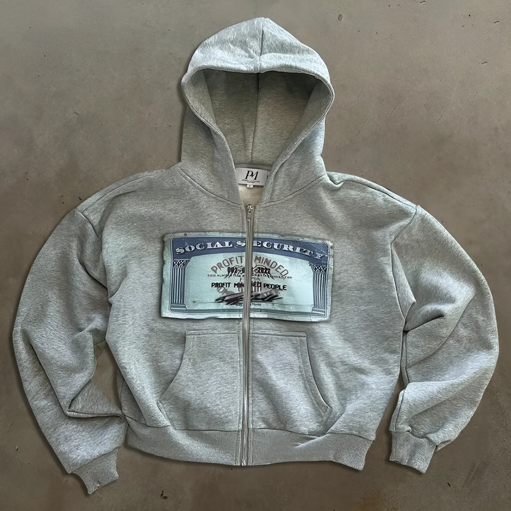 Men's and women's black hoodie with white letter pattern and front zip