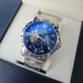 Men's silver case automatic watch with black dial on a genuine leather strap