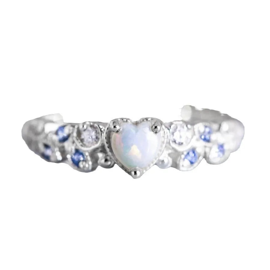 Peach-coloured women's heart-shaped alloy ring with a detailed flower opal ocean design.
