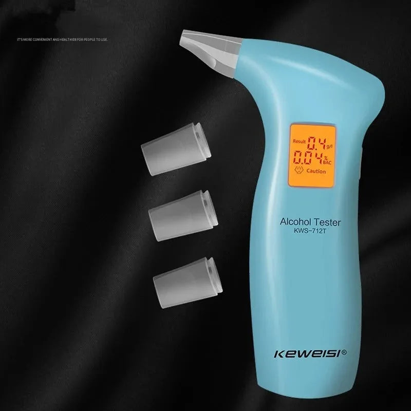 Portable orange light breath alcohol tester with replaceable mouthpieces in black or blue option.