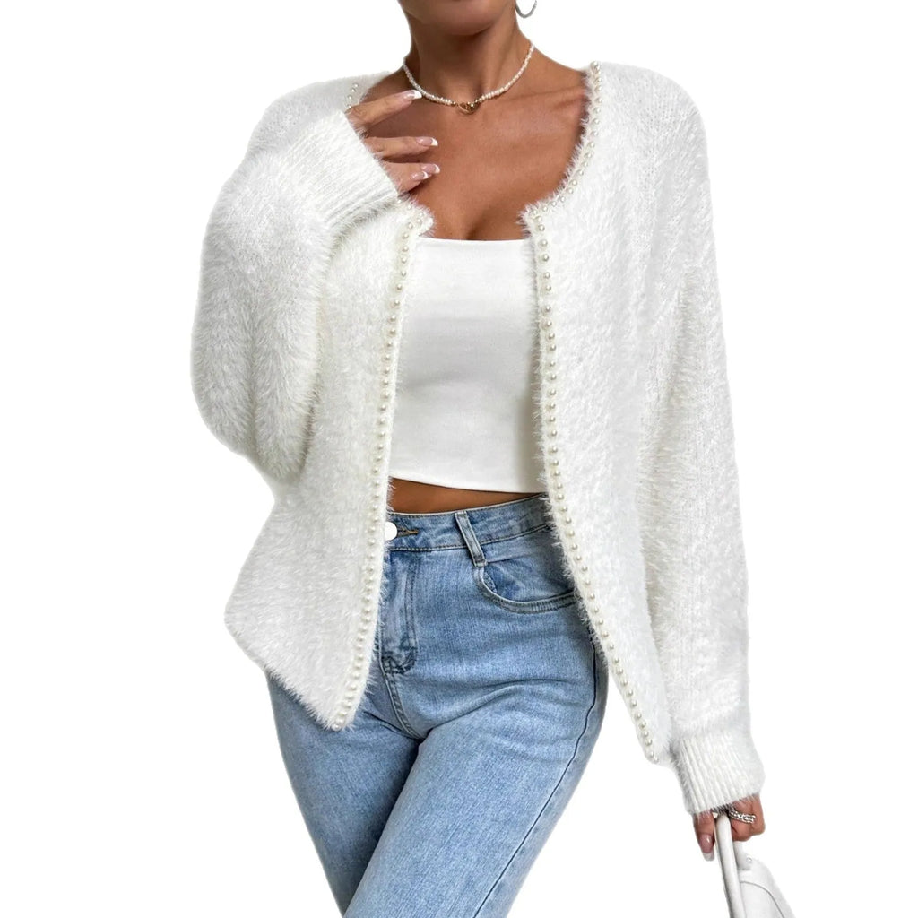 White women's V-neck cardigan with polyester knit fabric and 50cm length