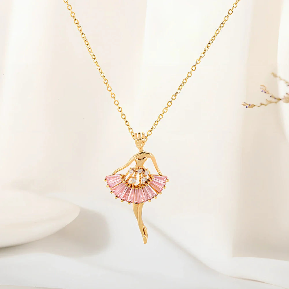 Gold titanium steel ballet girl necklace with rhinestone inlays on 40cm chain, adjustable to 45cm for women