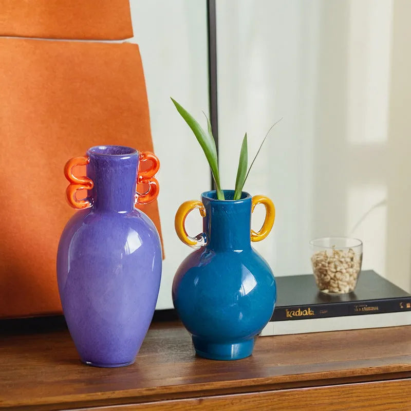 Nordic handmade binaural gradient straight glass vase with polished surface, modern simplicity style