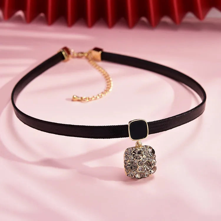Alloy black square short necklace with rhimestone accents on a model, Gray Diamond Square style, adjustable 21-50cm