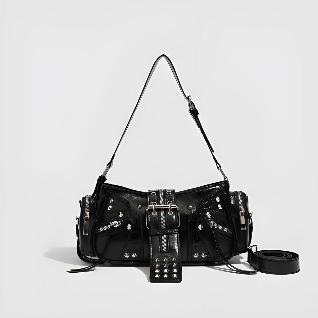 Black retro dumpling-shaped handbag with oil-wax PU leather and multiple interior compartments