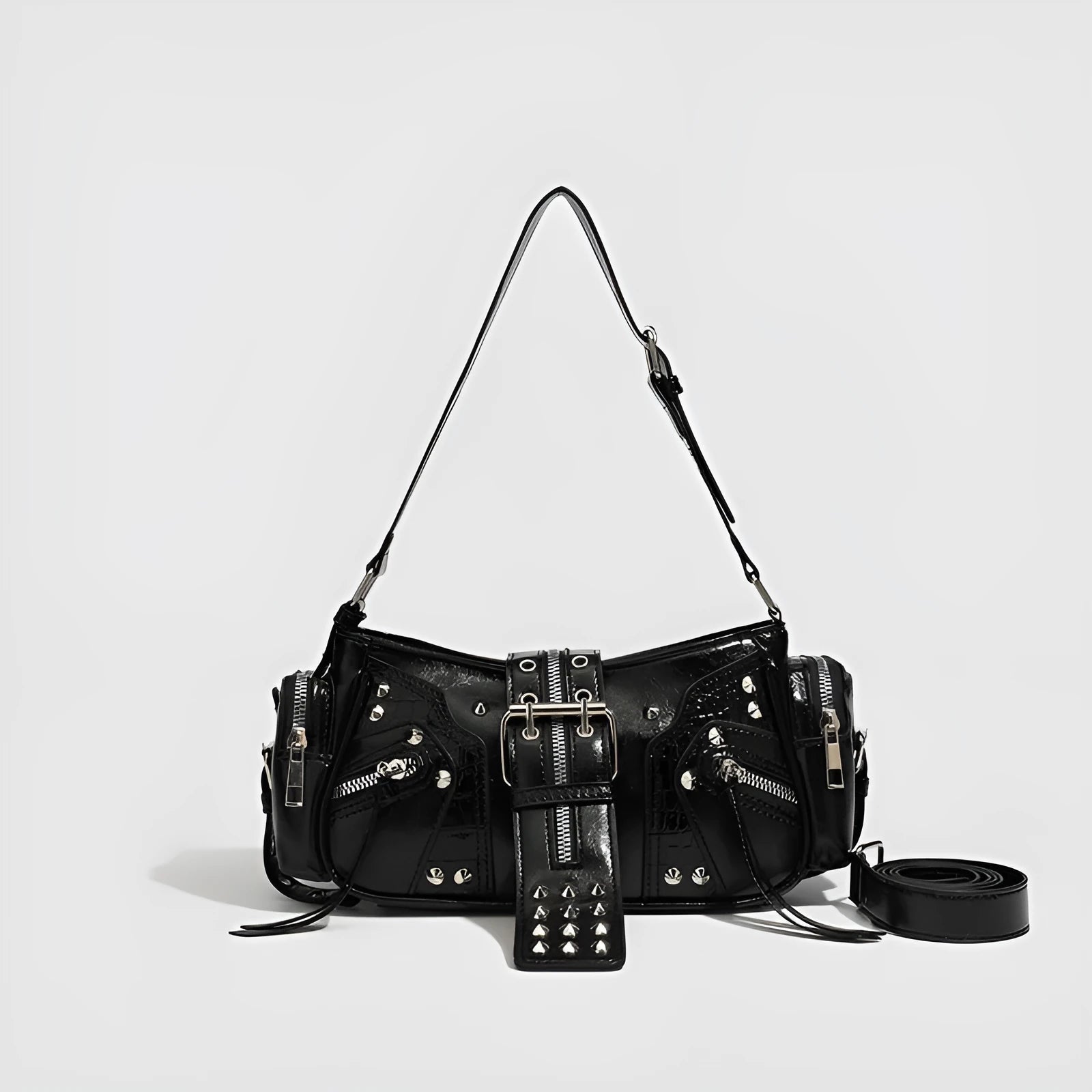 Black retro dumpling-shaped handbag with oil-wax PU leather and multiple interior compartments