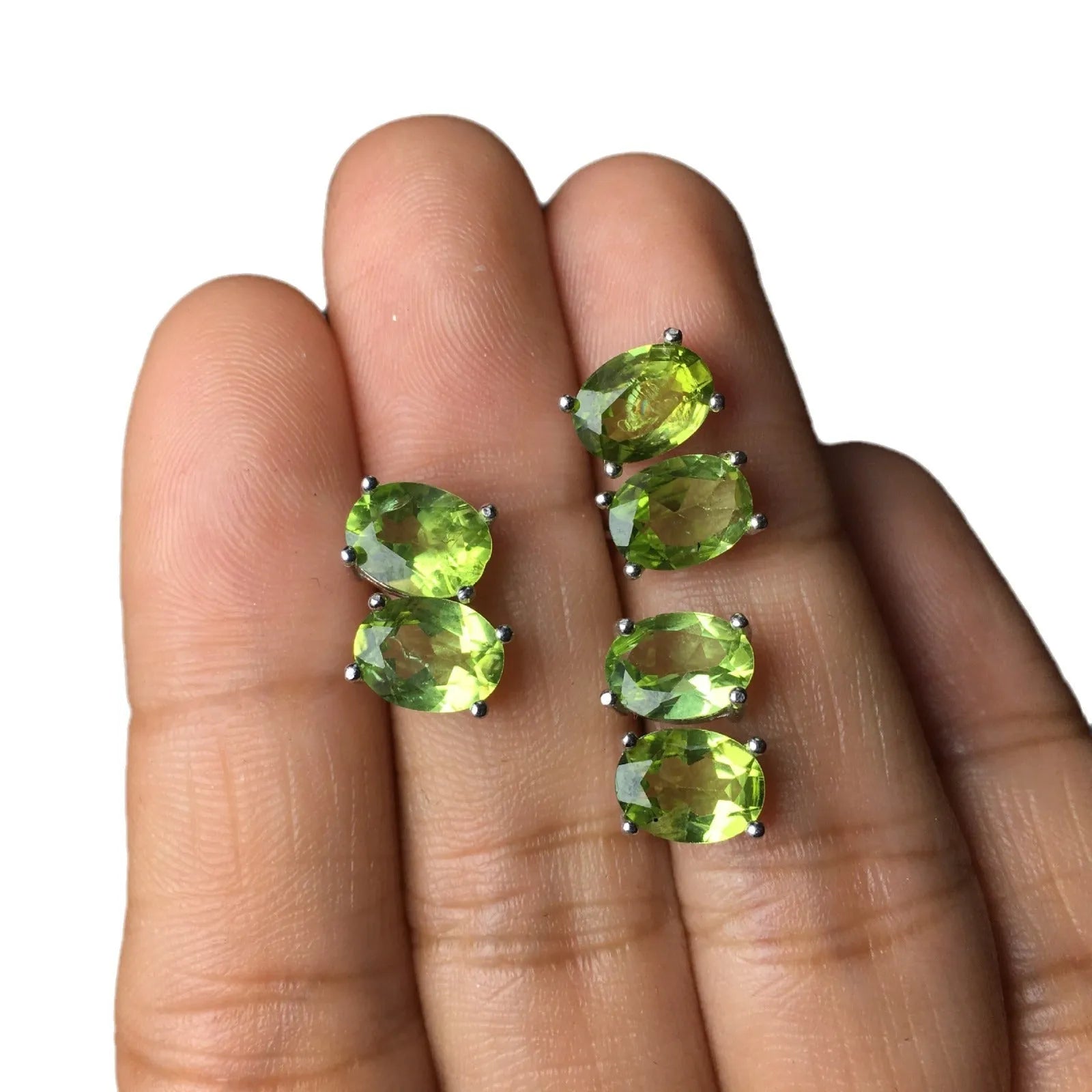 Natural grass green olivine faceted stud earrings in S925 silver setting, 6x8mm geometric ellipse shape