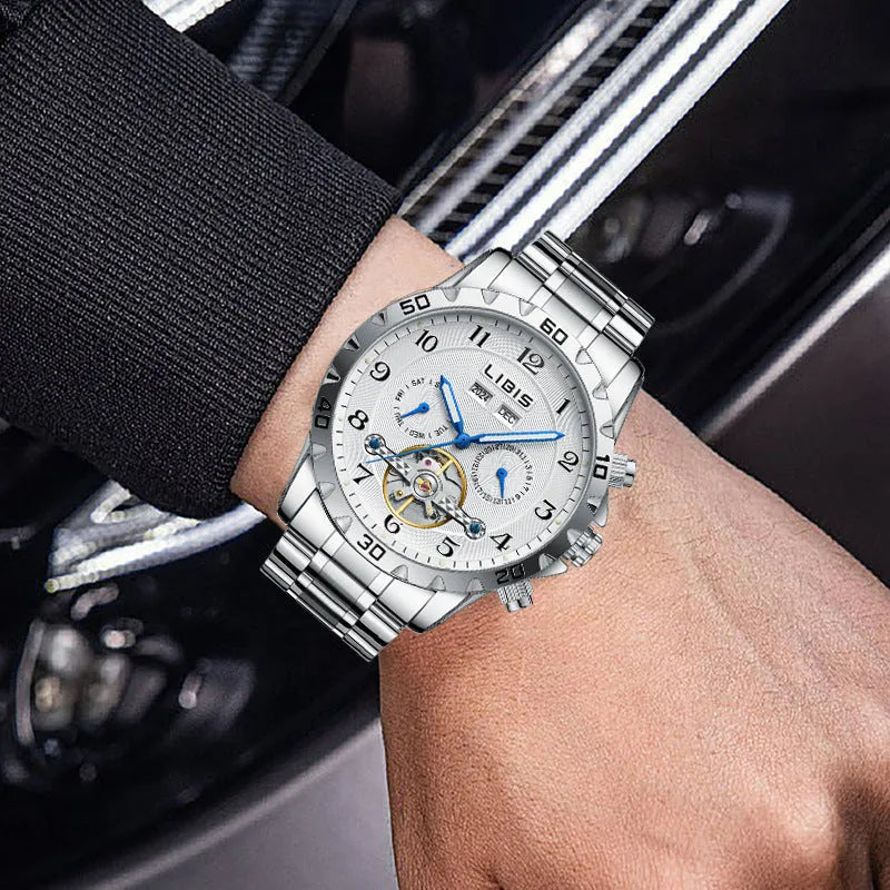 Men's silver automatic perpetual calendar mechanical watch with a stainless steel bracelet.