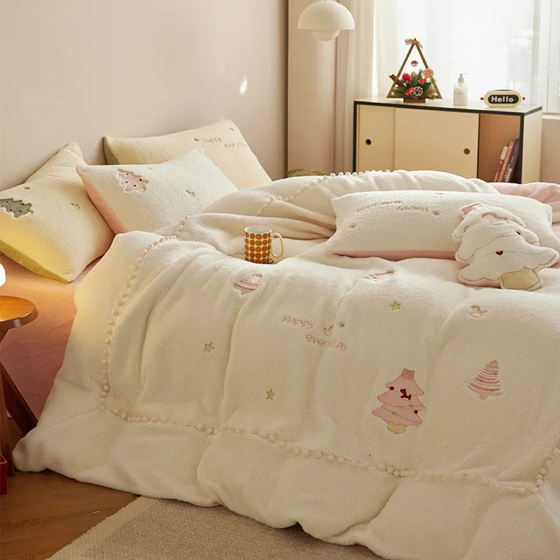 Winter milk fibre four-piece bedding set with green or pink Christmas tree pattern on a fresh style quilt cover.