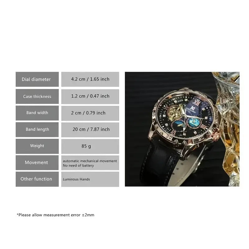Men's black and rose gold skeleton automatic watch with leather strap on wrist