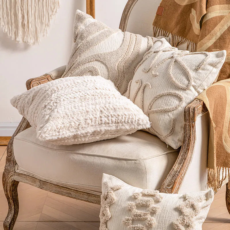 Knitted decorative pillow cover with tassel edge in a choice of six printed patterns and two sizes.