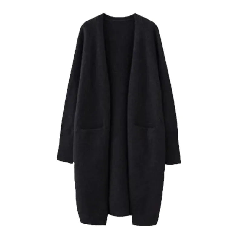 Women's mid-length loose fit knitted cardigan coat in solid colour with pockets, 65cm long, acrylic blend