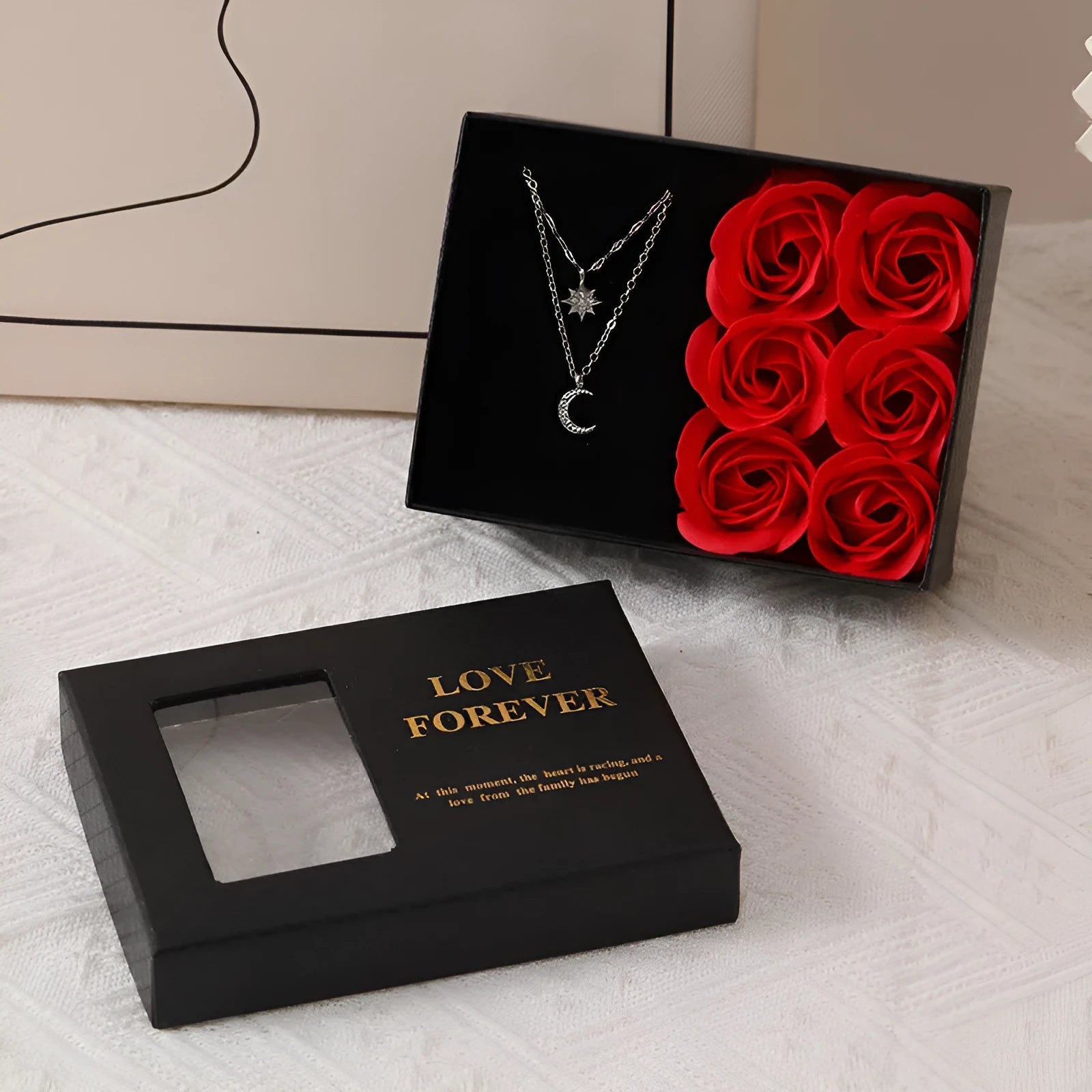 Korean style soap flower bouquet gift set in a red handbag gift box.