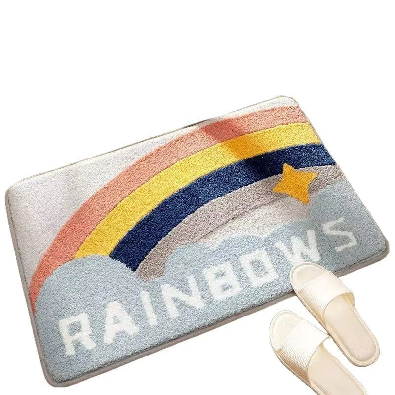 Square rainbow pattern carpet in sky sea colours with a soft texture and plastic bottom.