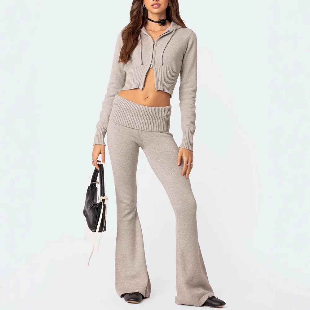 Women's knitted hooded suit with zipper cropped top and slim flared pants in street fashion style