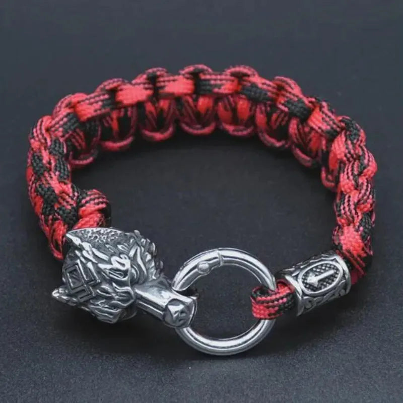 Handmade stainless steel wolf head bracelet with Luen character charm in camouflage colour.
