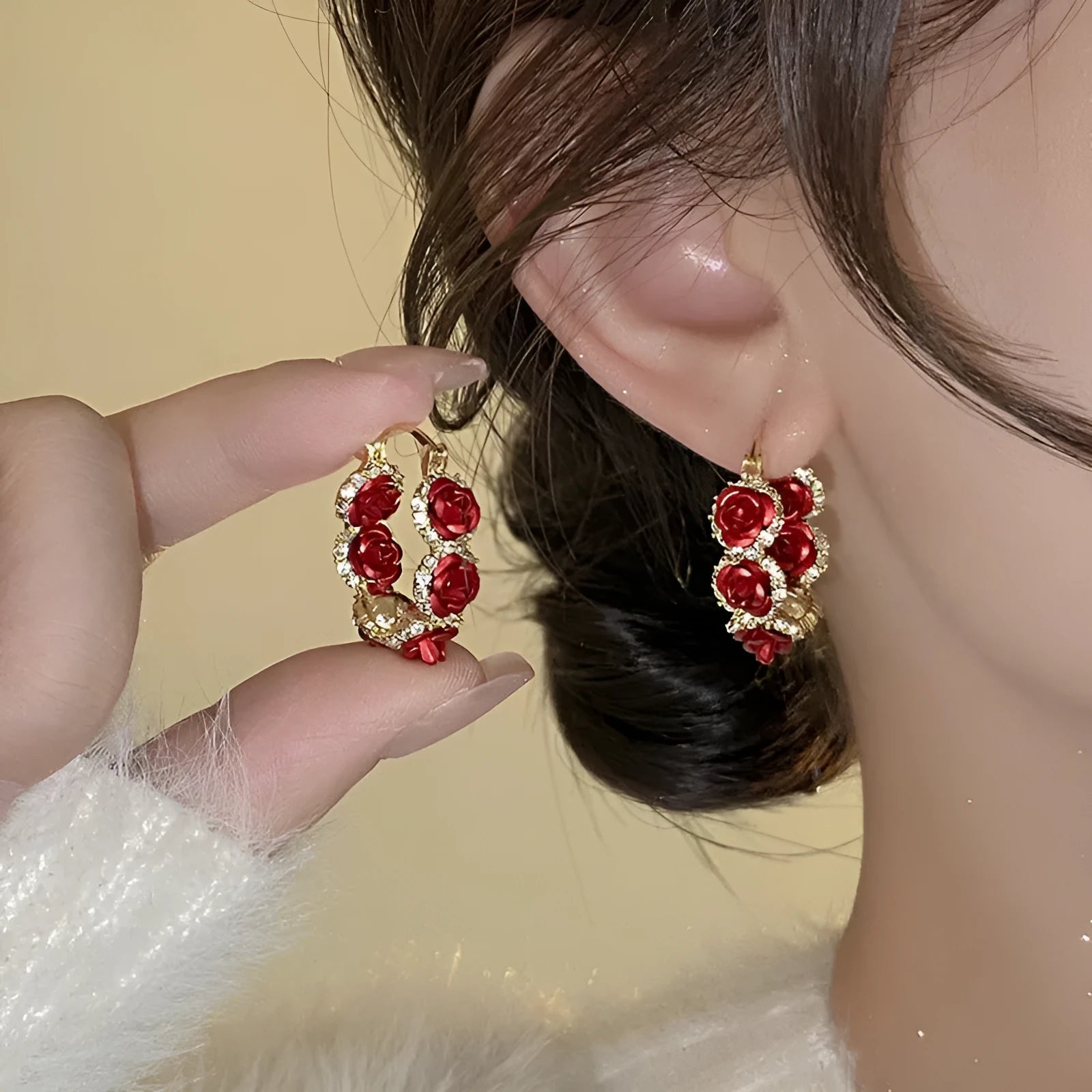 Alloy rose flower ear clip earrings in F155A red colour with clip-on fastening