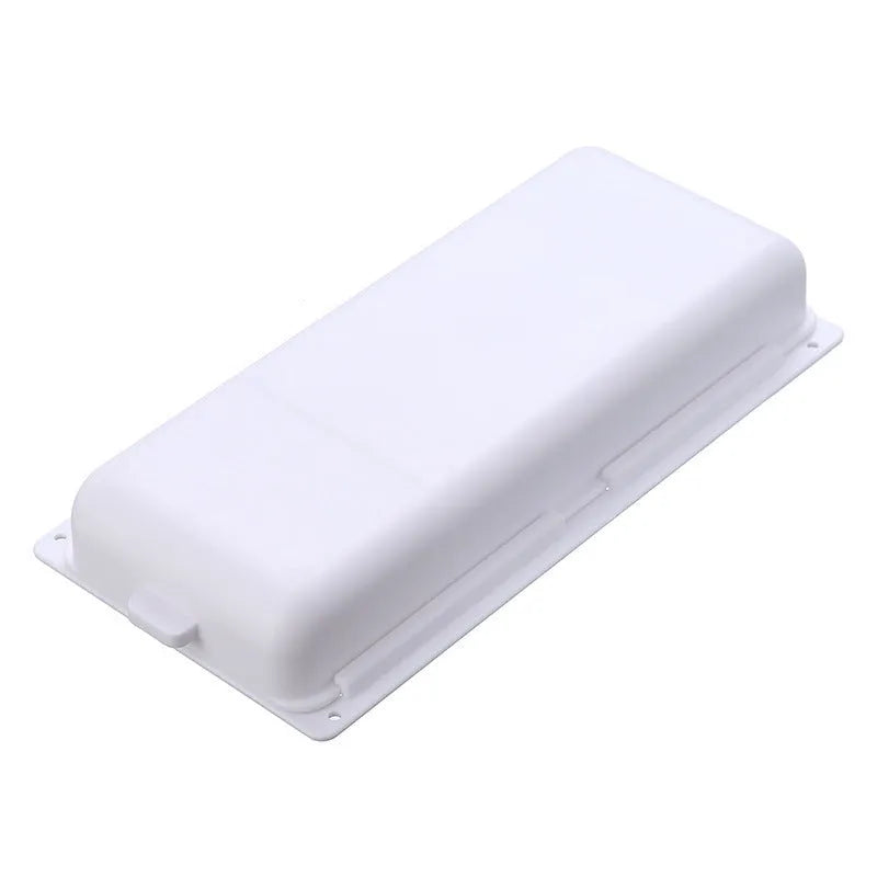 White plastic adhesive under-table storage drawer with covered lid and internal grid compartments