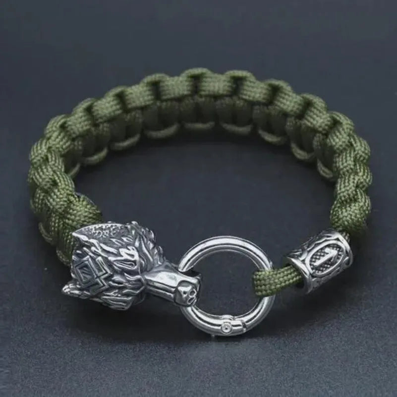 Handmade stainless steel wolf head bracelet with Luen character charm in camouflage colour.