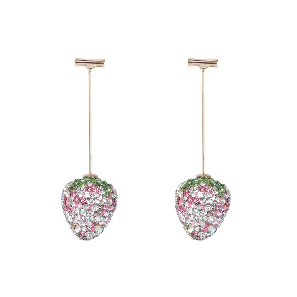 Geometric zinc alloy women's earrings with a red strawberry charm on a white background.