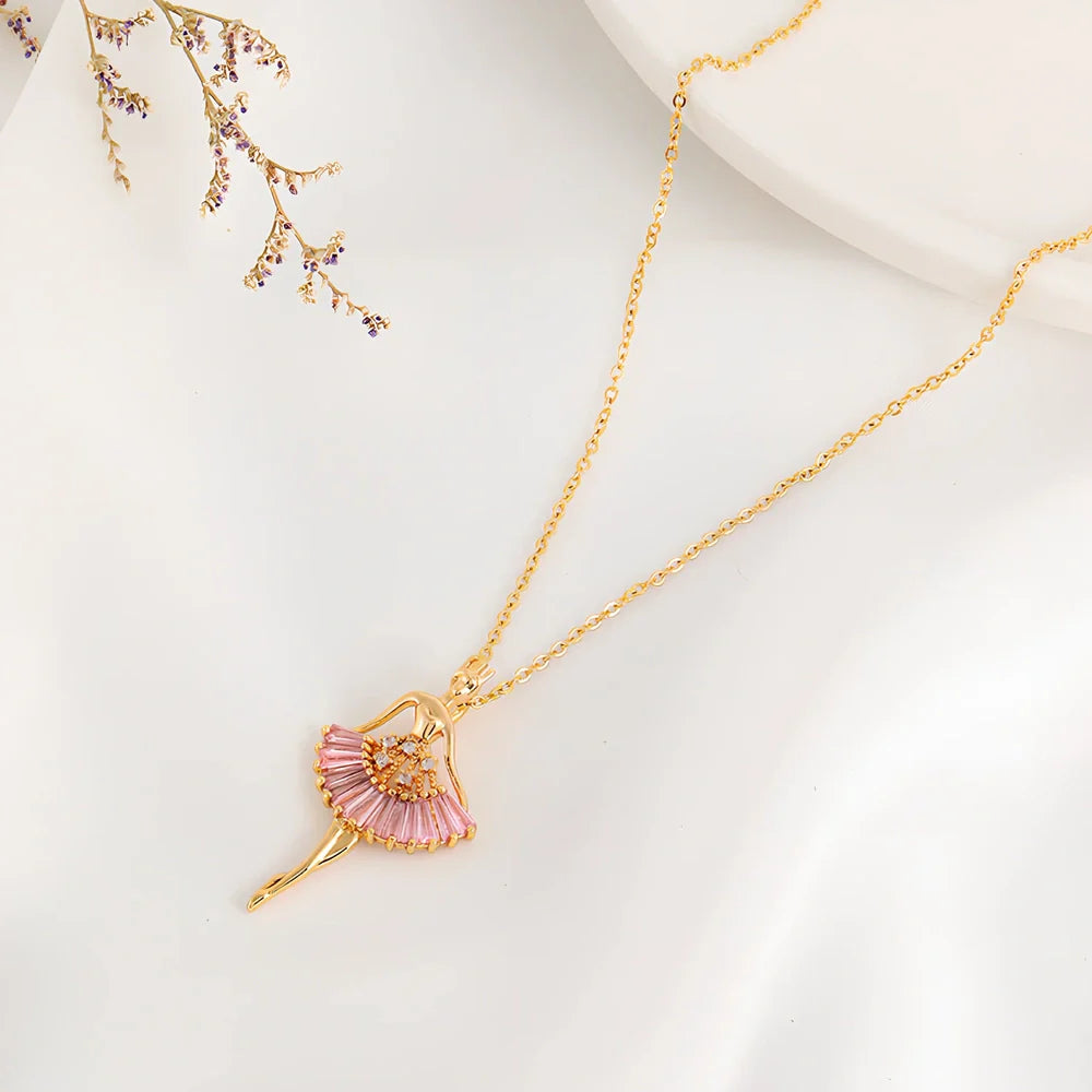 Gold titanium steel ballet girl necklace with rhinestone inlays on 40cm chain, adjustable to 45cm for women