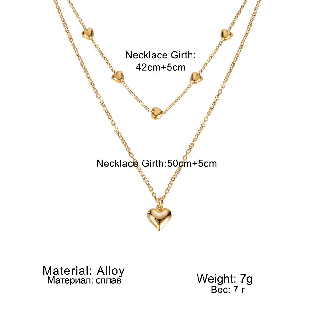 Double-layer heart pendant fine chain necklace in gold colour with adjustable length