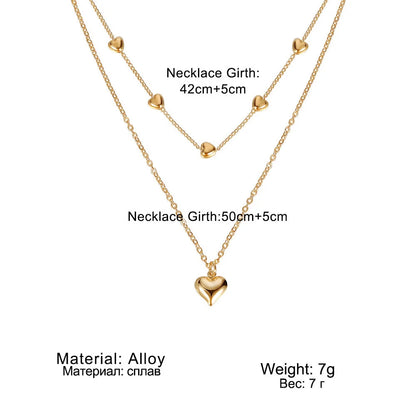 Double-layer heart pendant fine chain necklace in gold colour with adjustable length