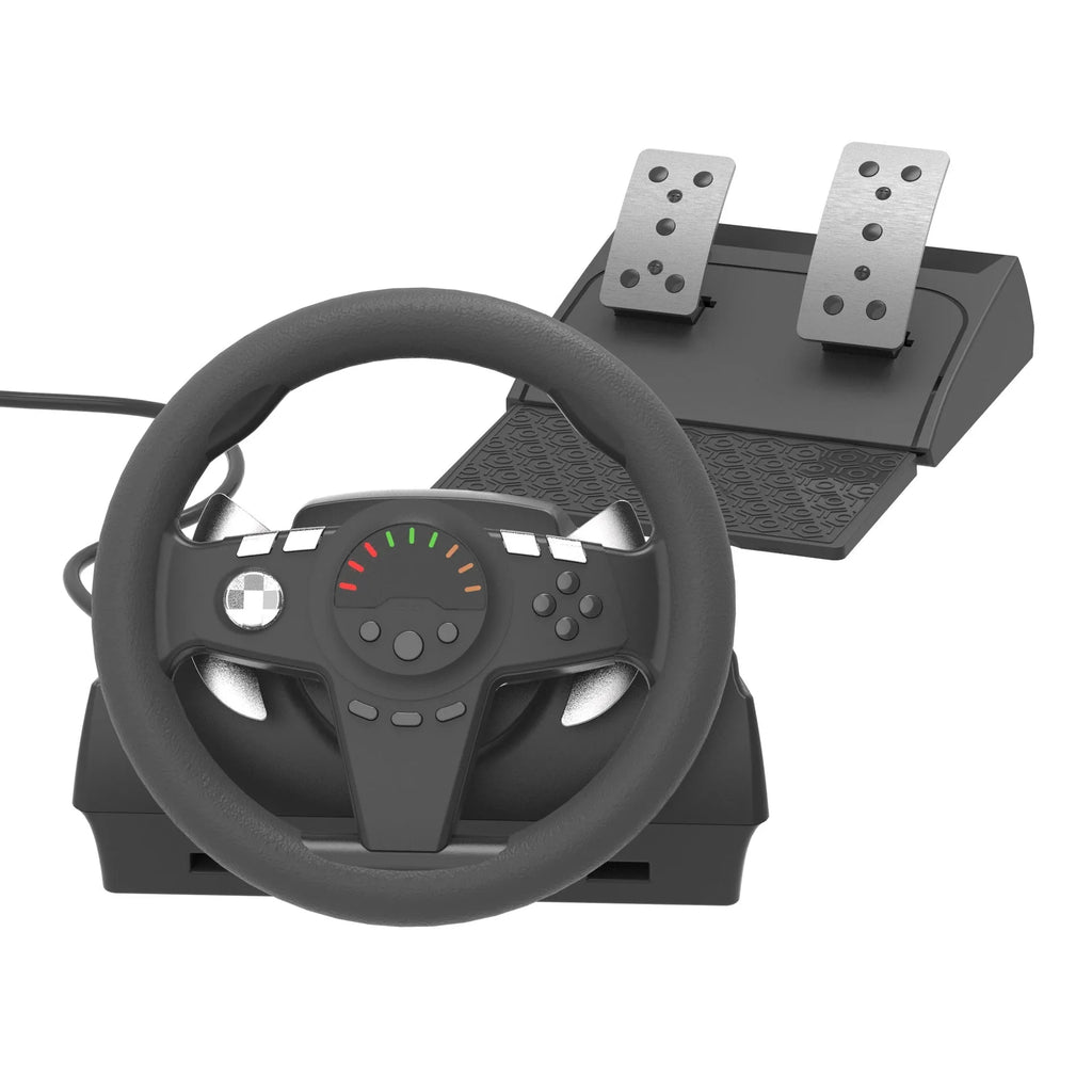 Black multi-platform steering wheel racing controller with two pedals and vibration feedback