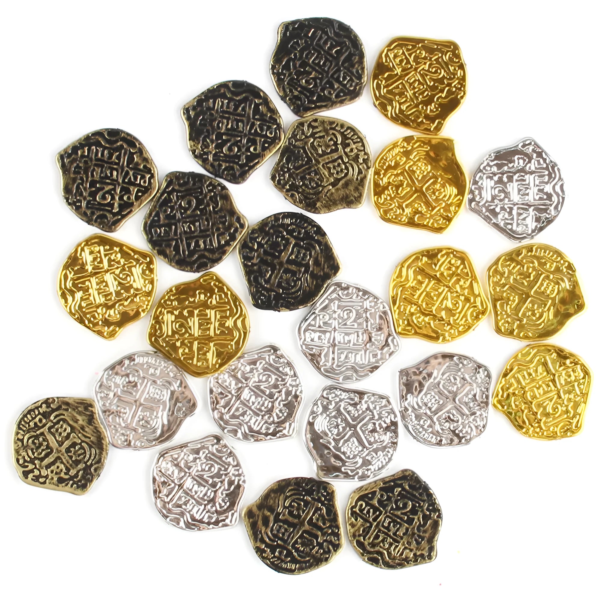 Doli set of 100 gold, silver, or bronze plastic replica Roman coins for decoration and crafts.