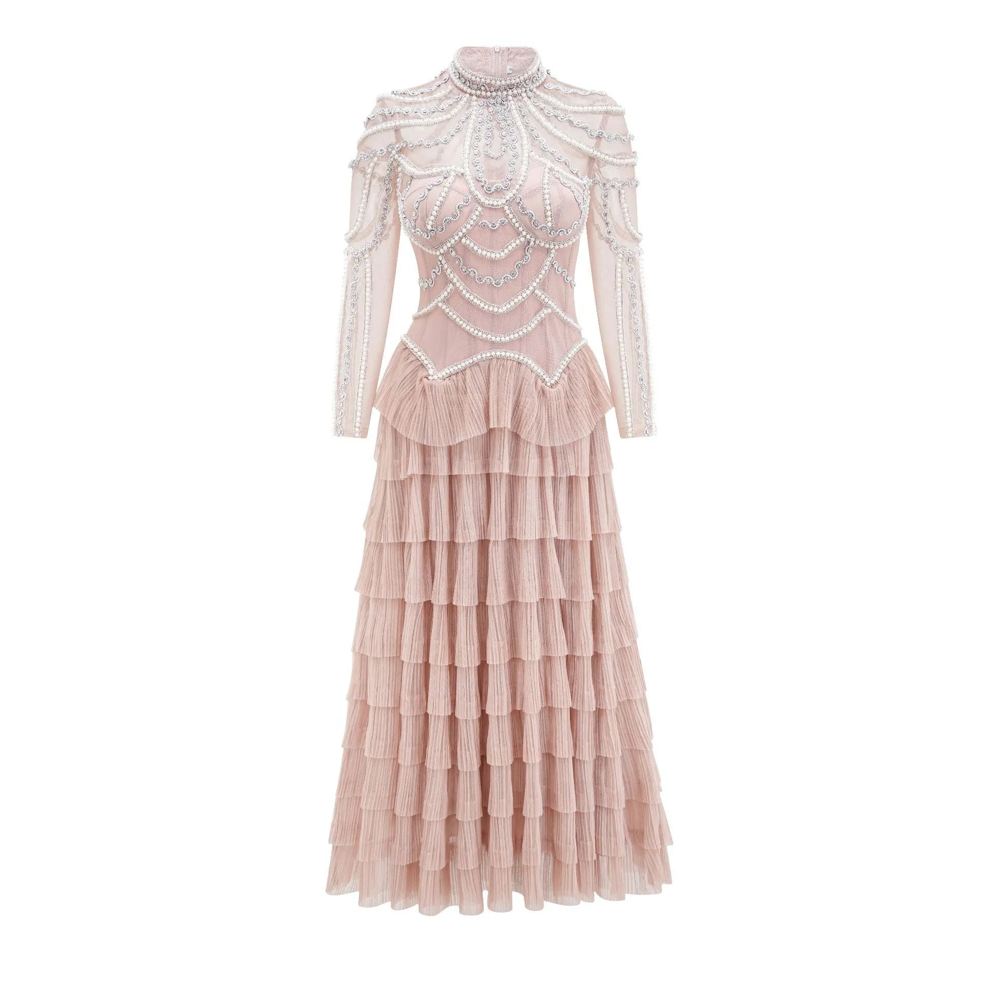 Women's long sleeve black beaded dress with three-dimensional decoration and mid-waist.