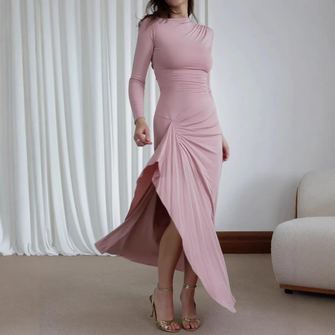 Slim-fitting asymmetric split dress in polyester-spandex blend, available in white, pink, black, and wine red.