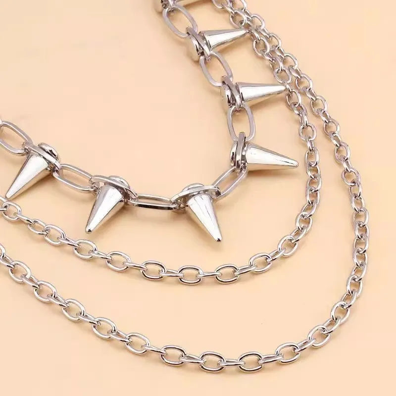 Silver metal trousers chain with double layer design and rivet detailing measuring 115cm for punk hip hop fashion