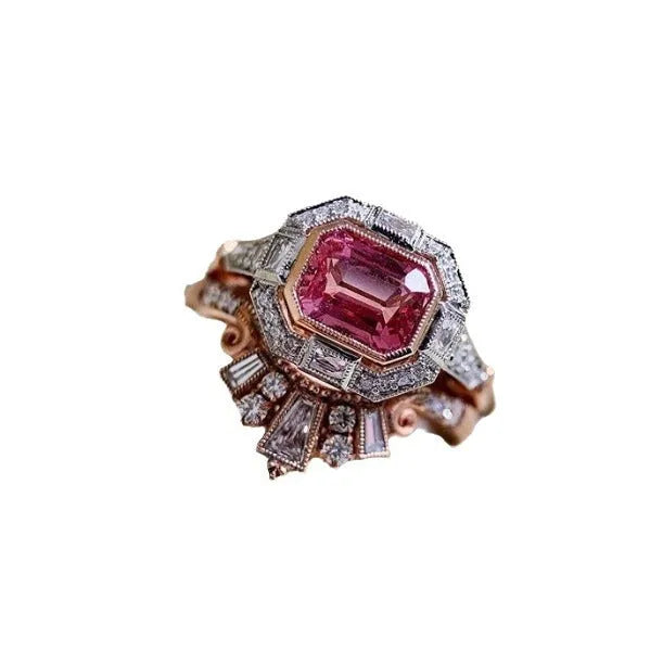 Rose gold geometric women's retro style fashion ring on a white background.