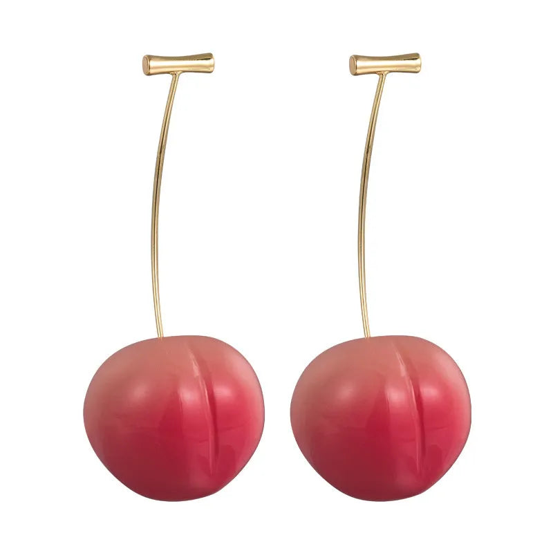 A pair of colourful acrylic peach-shaped stud earrings on a copper post, shown in small and large size options.