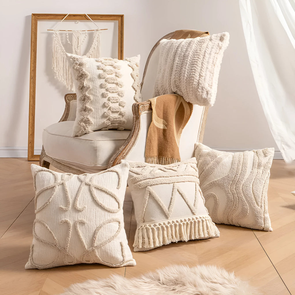 Knitted decorative pillow cover with tassel edge in a choice of six printed patterns and two sizes.