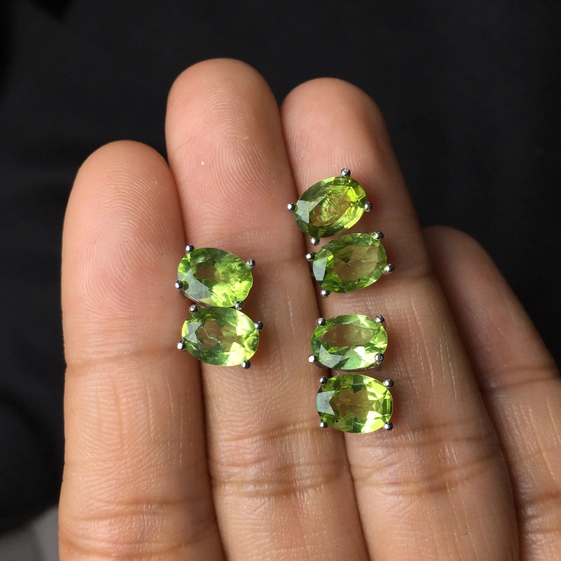 Natural grass green olivine faceted stud earrings in S925 silver setting, 6x8mm geometric ellipse shape